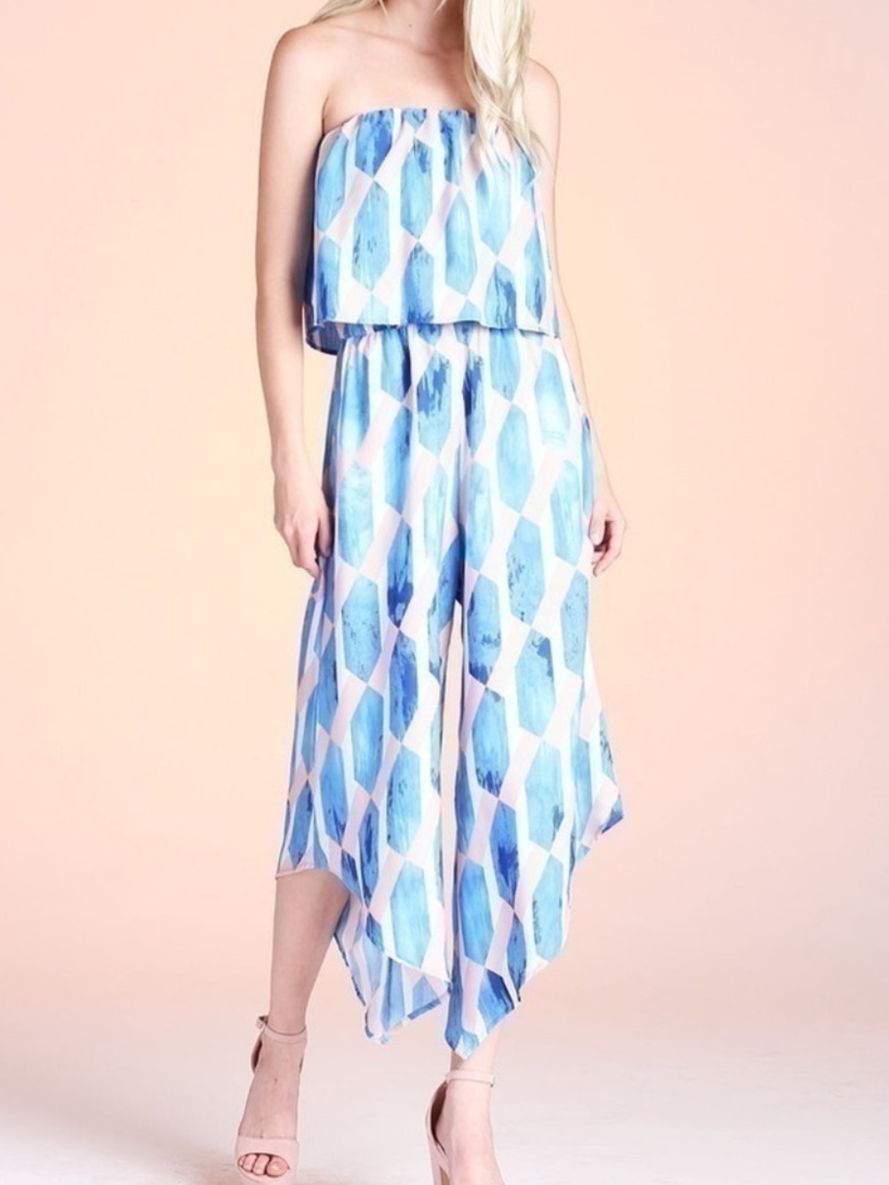 Strapless Geometric Cropped Ruffle Jumpsuit Blue Size Small